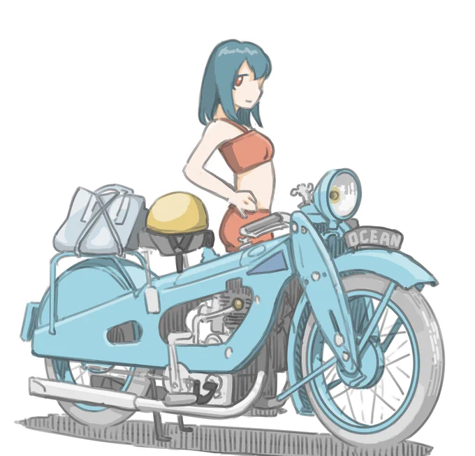 人のいない海岸で海水浴をしに来た女子です。 (New-Motocycle (1929))【再掲】 #バイクJK #イラスト