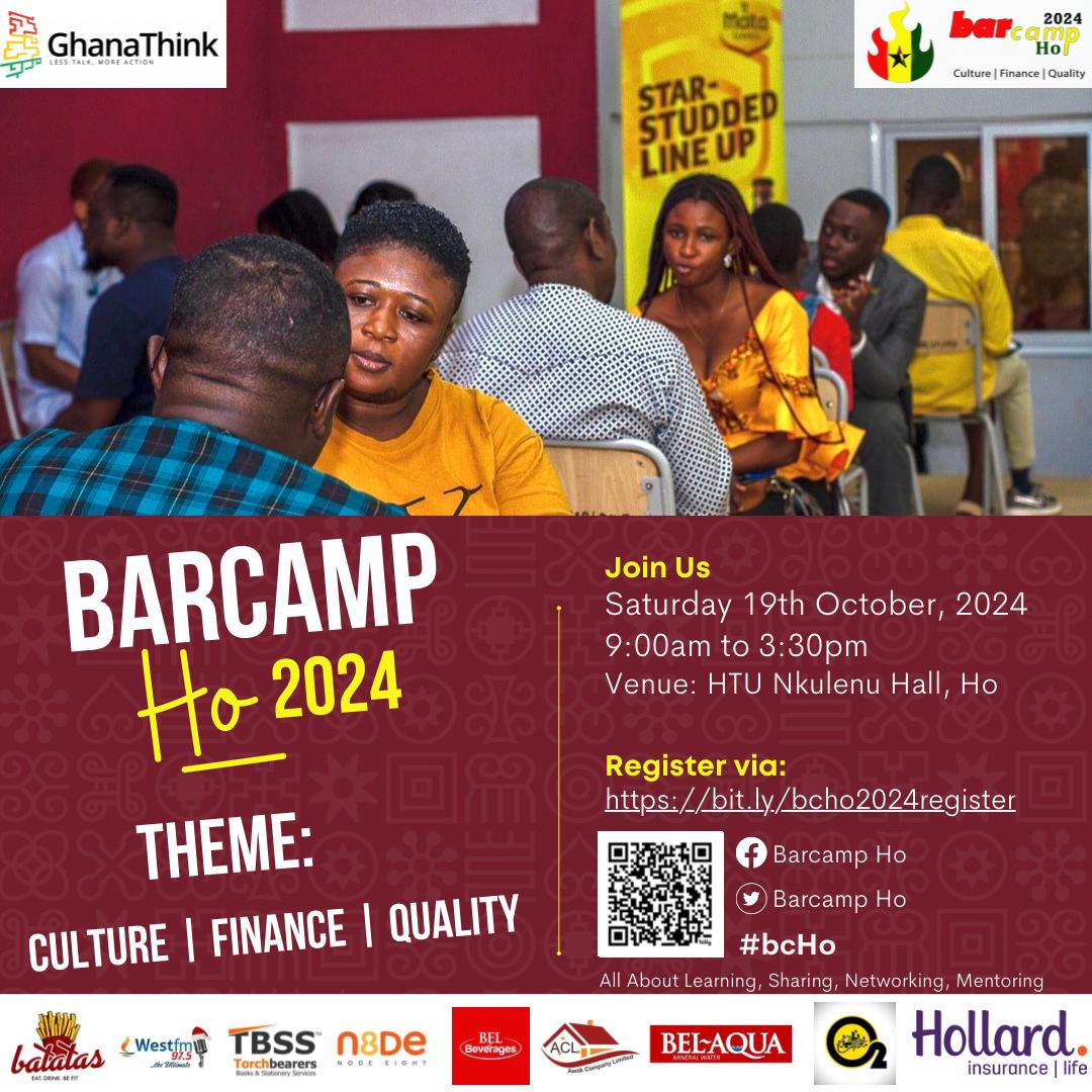 BarCampHo's tweet photo. #BarcampHo 2024 is by @GhanaThink- networking, learning, sharing & mentoring.
October 19 @ HTU Nkulenu Hall, Ho. Register: https://t.co/9SJAvJSijW…… #bcho
Partners: #Hollard, #Batatas, #TBSSGH, #SalariaEyeMed, #O2Citi, #AWAK, #NodeEight, #BelBeverages, #BelAqua, #WestFm975. https://t.co/1bG9ZnJ5Co