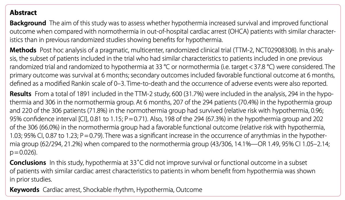 WellingtonICU's tweet photo. We have 2 new publications. First in Crit Care: Hypothermia versus normothermia in patients with cardiac arrest and shockable rhythm: a secondary analysis of the TTM-2 study. 

https://t.co/pGItMIfccm https://t.co/c3R3c0x0zI