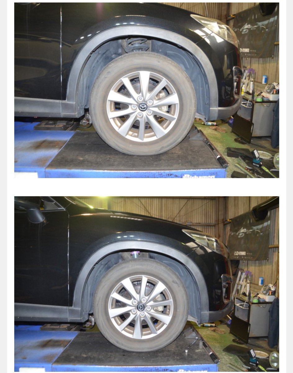shokidelfin's tweet photo. CX-5のタイヤハウスの隙間の空き具合めっちゃ気になったから車高調1g締めで入れてアライメントやったらハンドリングが機敏になってかなり良くなった車高落としてるからネガティブキャンバーがちょっとついてるかな https://t.co/CNmZ7U6NH4
