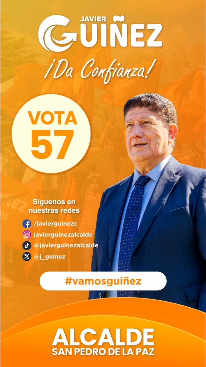 🧡Vota Guiñez, Vota 57🧡
#26y27deOctubre
#AlcaldeSanPedrodelaPaz
#JavierGuiñez
#GuiñezdaConfianza
