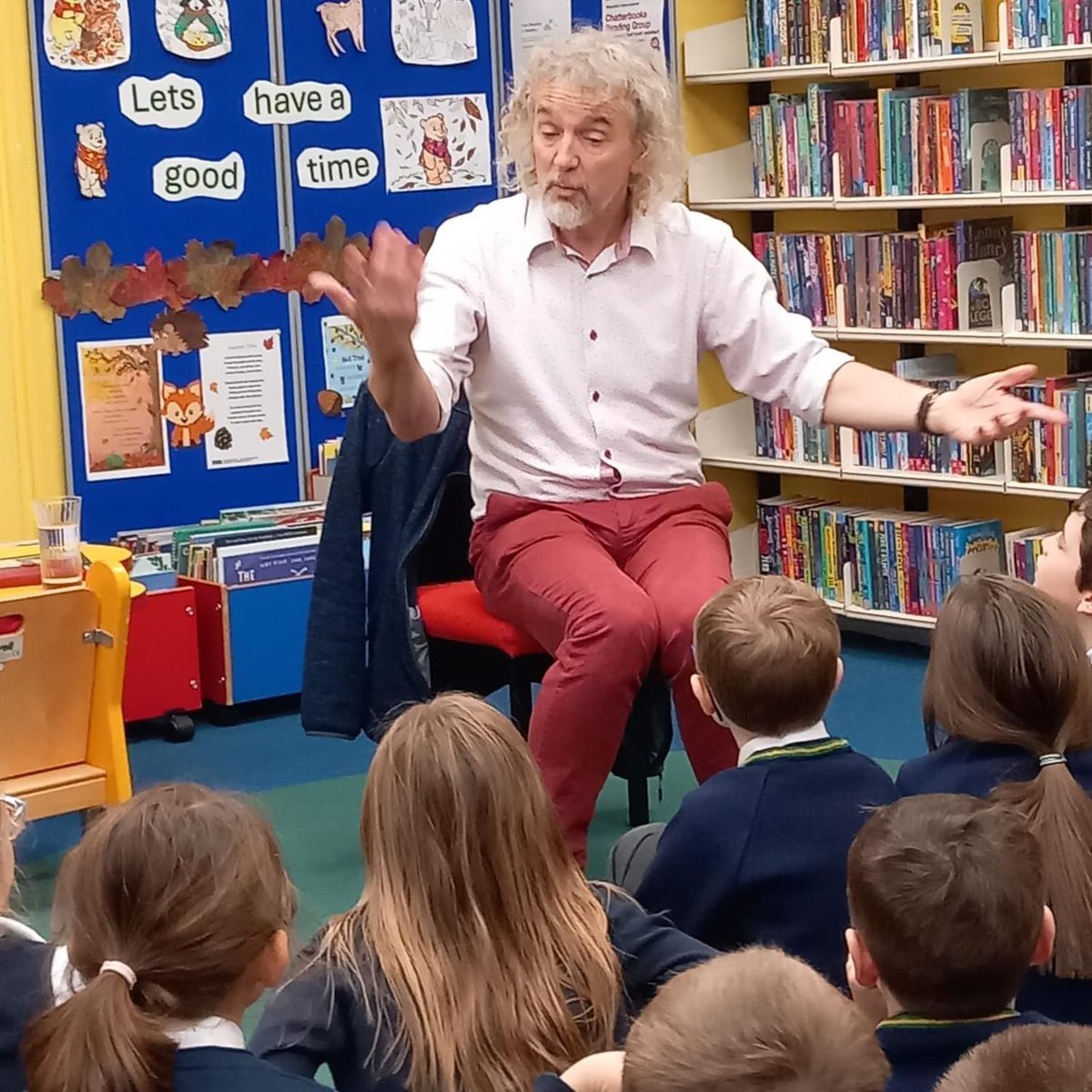 Storyteller and writer JoeBrennan in full flow in Ballycastle Library yesterday thanks to the Poetry Ireland Writers in Schools scheme.
<a href="/poetryireland/">Poetry Ireland / Éigse Éireann</a> 
<a href="/PoetryIrelandEd/">Jane O'Hanlon</a> 
<a href="/ArmstoryTrust/">Armstrong Storytelling Trust</a>