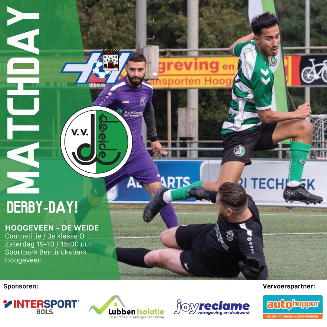 MATCHDAY! 

Vandaag spelen wij de Hoogeveense derby uit bij <a href="/VVHoogeveen/">VV Hoogeveen</a> zaterdag. Aanvang 15:00 uur ⚽️

Hopelijk tot ziens vanmiddag op het Bentinckspark 💚🤍
