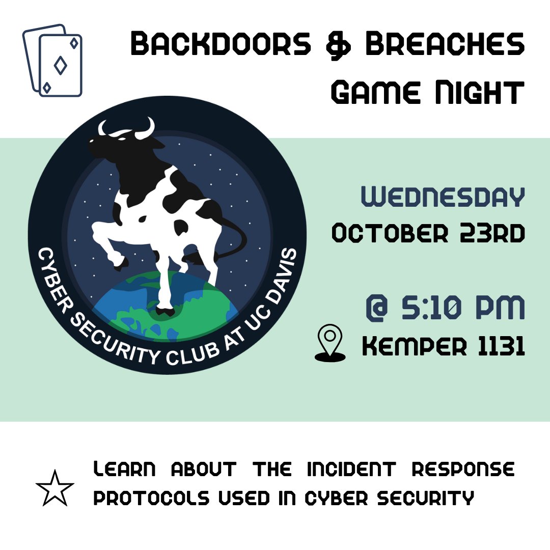 daviscybersec's tweet image. ☆  Week 4: Backdoors &amp;amp; Breaches Game Night ☆

Next week’s meeting will be an epic Backdoors &amp;amp; Breaches game night! We’ll have multiple rounds going at once, so everyone should get a chance to compete. Don’t miss out on the fun!