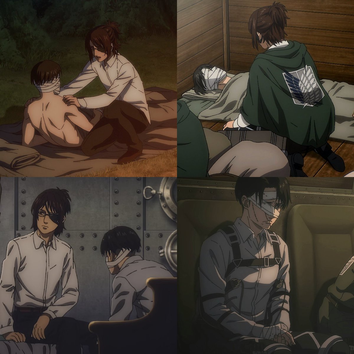 kyuujuuhachi's tweet photo. no because hanji was just right there next to levi, but now he's sitting aboard the plane without them by his side, clutching the hand hanji had once carefully bandaged https://t.co/1NOaTCdFMI