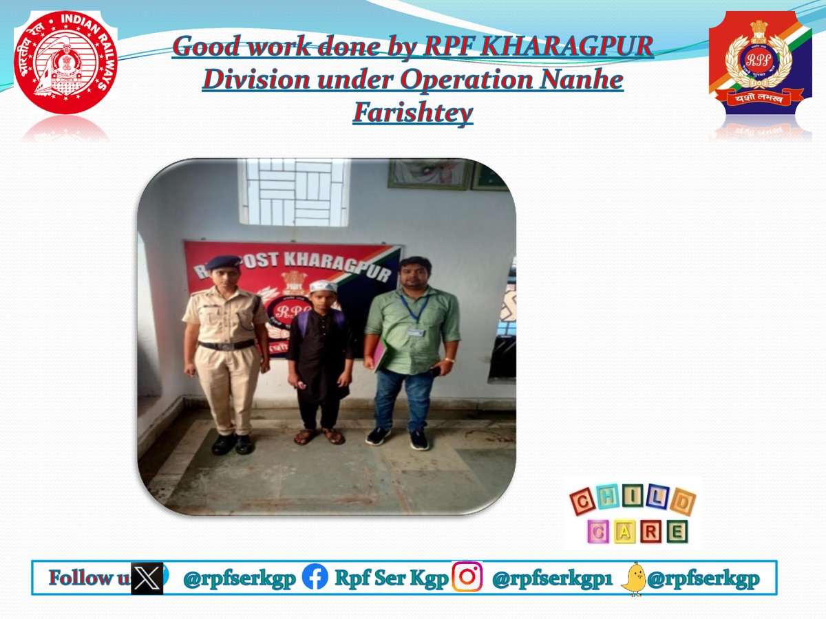 rpfserkgp's tweet photo. #Nanhe Farishte: On 18.10.2024 Officer and staff of RPF Post KGP rescued 01 minor boy from train No.22503 at KGP Rly station and handed over to Child Helpline KGP for further needful action.
@rpfser
@rpfpckgp https://t.co/sTSxVLxpbj