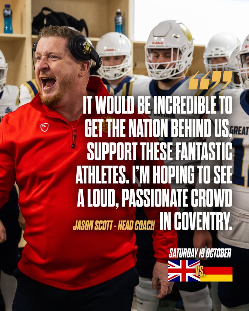 It’s time to get loud 🔊

Great Britain Men take on Germany today and head coach Jason Scott is calling for your support 🇬🇧

Stream link, match roster and more: britishamericanfootball.org/2024/10/great-…

📸 Brandon Hattiloney
#BritishAmericanFootball #GreatBritainLions