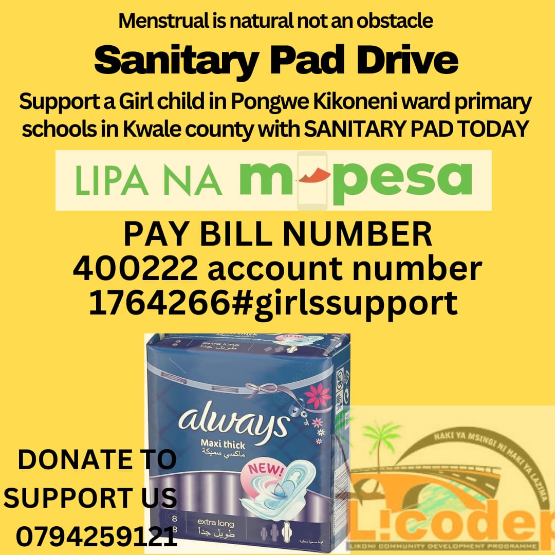 Greetings!
Did you know donating a pad can save many gils' dreams by helping them stay in schools. Let's help over 500 needy girls in pongwe/kikoneni ward in Kwale County.
#letsmakethishappen 
#Allgirlsinschoolscampaign 
#Mesntrualisnaturalnotanobstacle