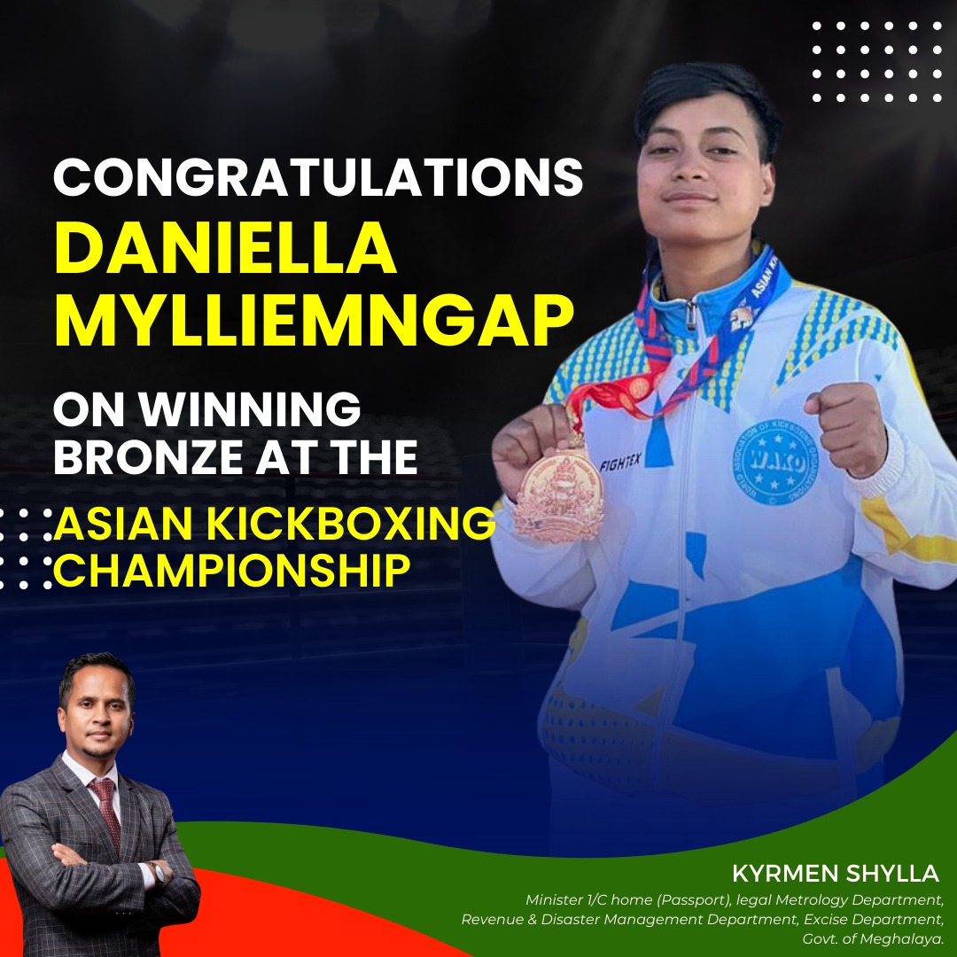 Congratulations to Daniella Mylliemngap for her remarkable achievement in winning bronze at the Asian Kickboxing Championship! 🥉🌟 Your dedication and spirit make the state of Meghalaya proud. Keep shining and inspiring others with your incredible talent! 👏💪 #Champion