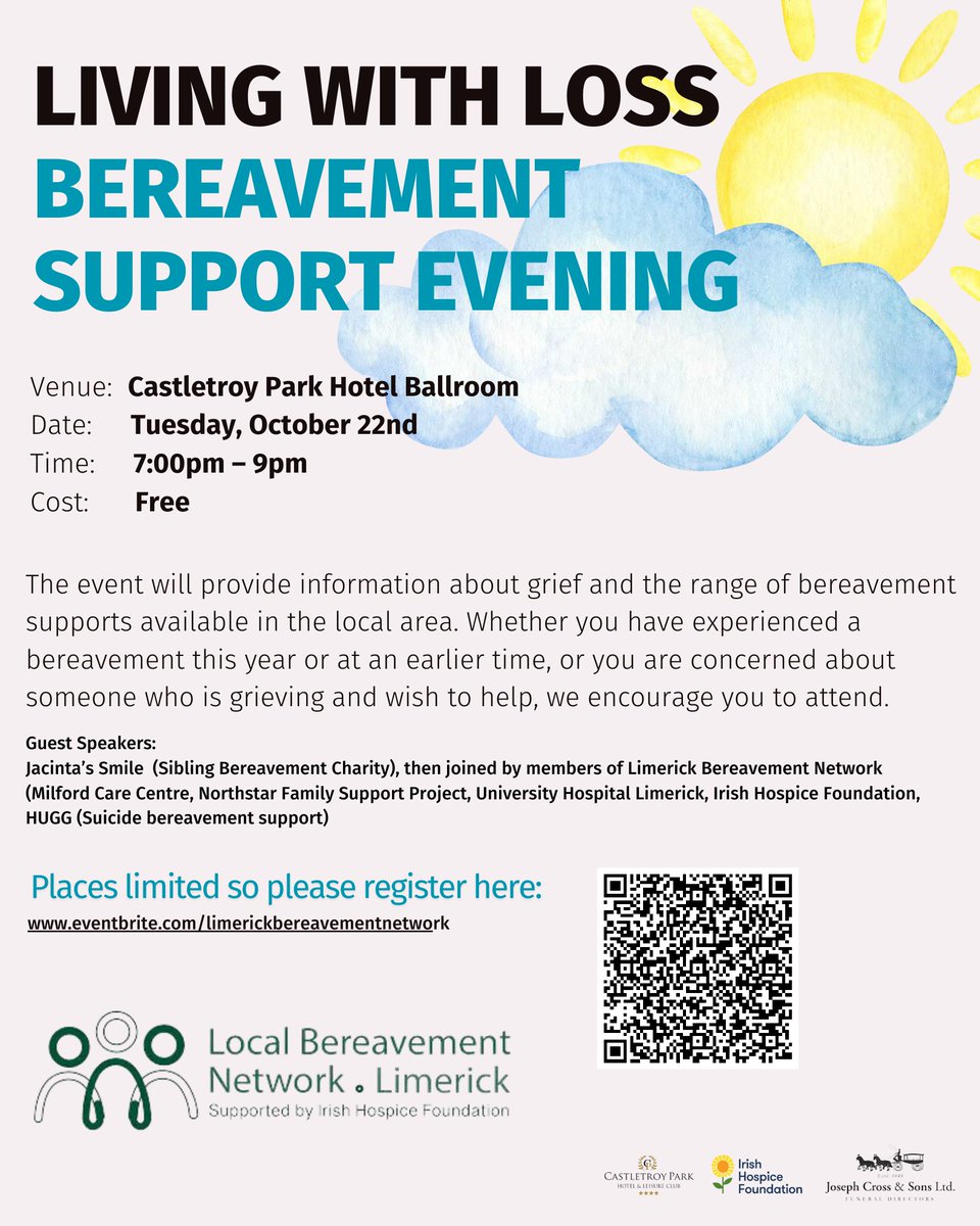 Irish Hospice Foundation (@irishhospice) on Twitter photo Limerick Local Bereavement Network will host a Bereavement Support Evening this Tuesday. Open to public & support professionals/volunteers.
Free registration ๐ eventbrite.ie/e/living-with-โฆ
<a href="/stritchj/">JenniferMoranStritch</a> @westirelandgirl <a href="/jacintas_smile/">Jacintas Smile</a> <a href="/alittlelifetime/">A Little Lifetime</a> <a href="/HUGGIreland/">HUGG</a> <a href="/AnamCaraSupport/">Anam Cara</a> Limerick Local Bereavement Network will host a Bereavement Support Evening this Tuesday. Open to public & support professionals/volunteers.
Free registration ๐ eventbrite.ie/e/living-with-โฆ
<a href="/stritchj/">JenniferMoranStritch</a> @westirelandgirl <a href="/jacintas_smile/">Jacintas Smile</a> <a href="/alittlelifetime/">A Little Lifetime</a> <a href="/HUGGIreland/">HUGG</a> <a href="/AnamCaraSupport/">Anam Cara</a>