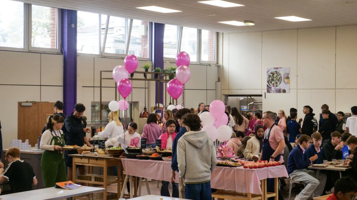 PCTaylor45's tweet photo. Thank you to Mrs Oracz, our caterers and the charity team for organising yesterday’s #WearItPink day, raising awareness and money for a cause that touches so many people. #BetterStudentsBetterPeople @WestholmeSchool @WestholmeSF @WestholmePrep @BreastCancerNow https://t.co/dGb8Ol36fE
