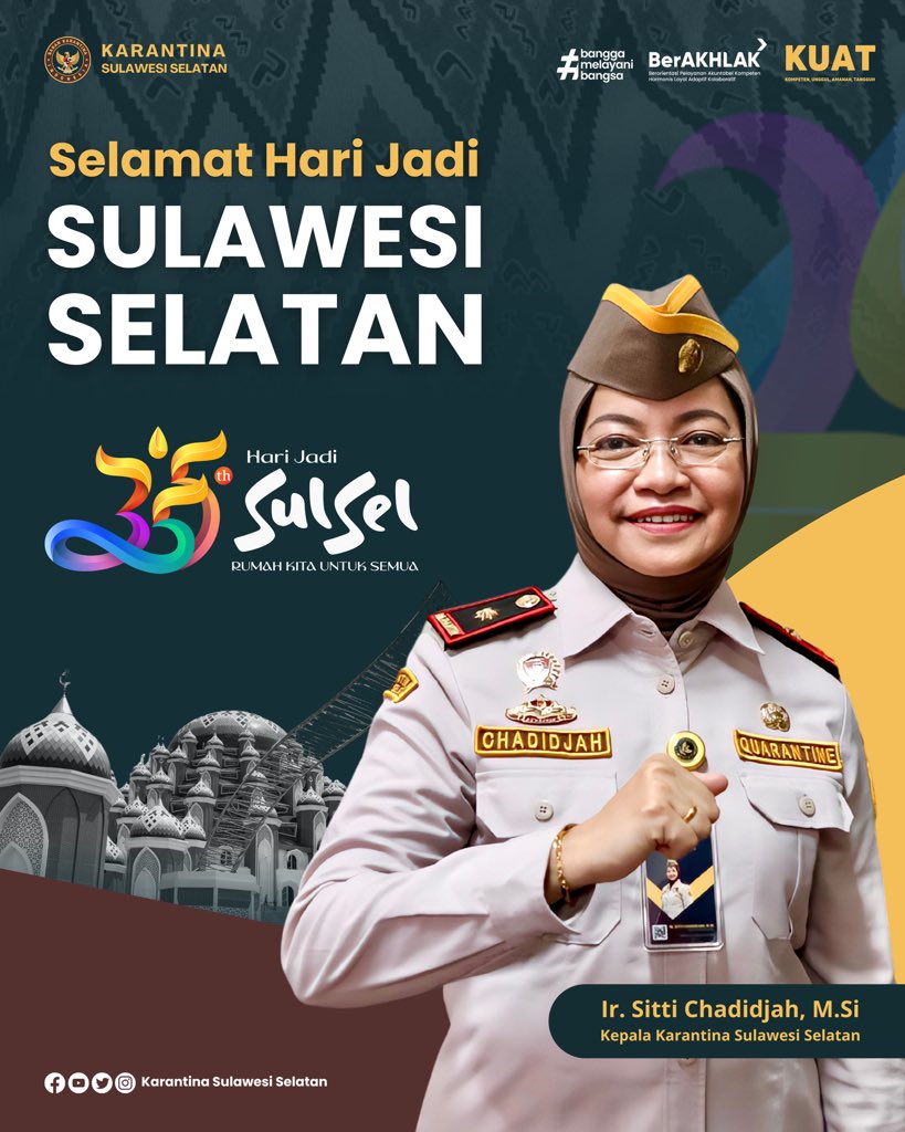Pimpinan dan Keluarga Besar Karantina Sulawesi Selatan mengucapkan Selamat 355 Tahun Hari Jadi Sulawesi Selatan

Rumah Kita, Untuk Semua

#HariJadiSulsel355
#karantinasulawesiselatan