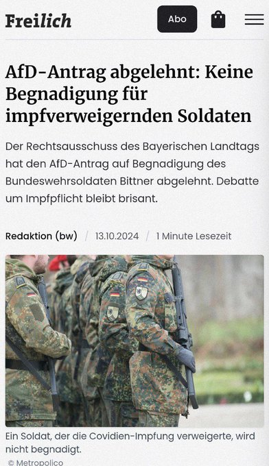 Der Antrag der AfD auf Begnadigung des wegen Impfverweigerung im Gefängnis sitzenden Soldaten Alexander Bittner wurde durch durch CSU, Freie Wähler, Grüne und SPD abgelehnt.
