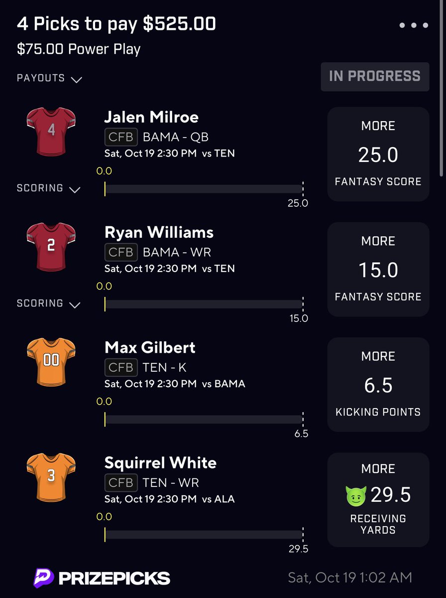 DFSsimp's tweet photo. night owl 🦉🌙 

BAMA x TEN game stack ⚡️

collab w my brodie @nolimitghvst 

as always, $50 TO SOMEONE WHO LIKES THIS TWEET WHEN WE CASH THIS! 

like = tailing! ❤️ GL 🍀

#PrizePicks | #GamblingX | #CFB https://t.co/KIinRLMDZJ