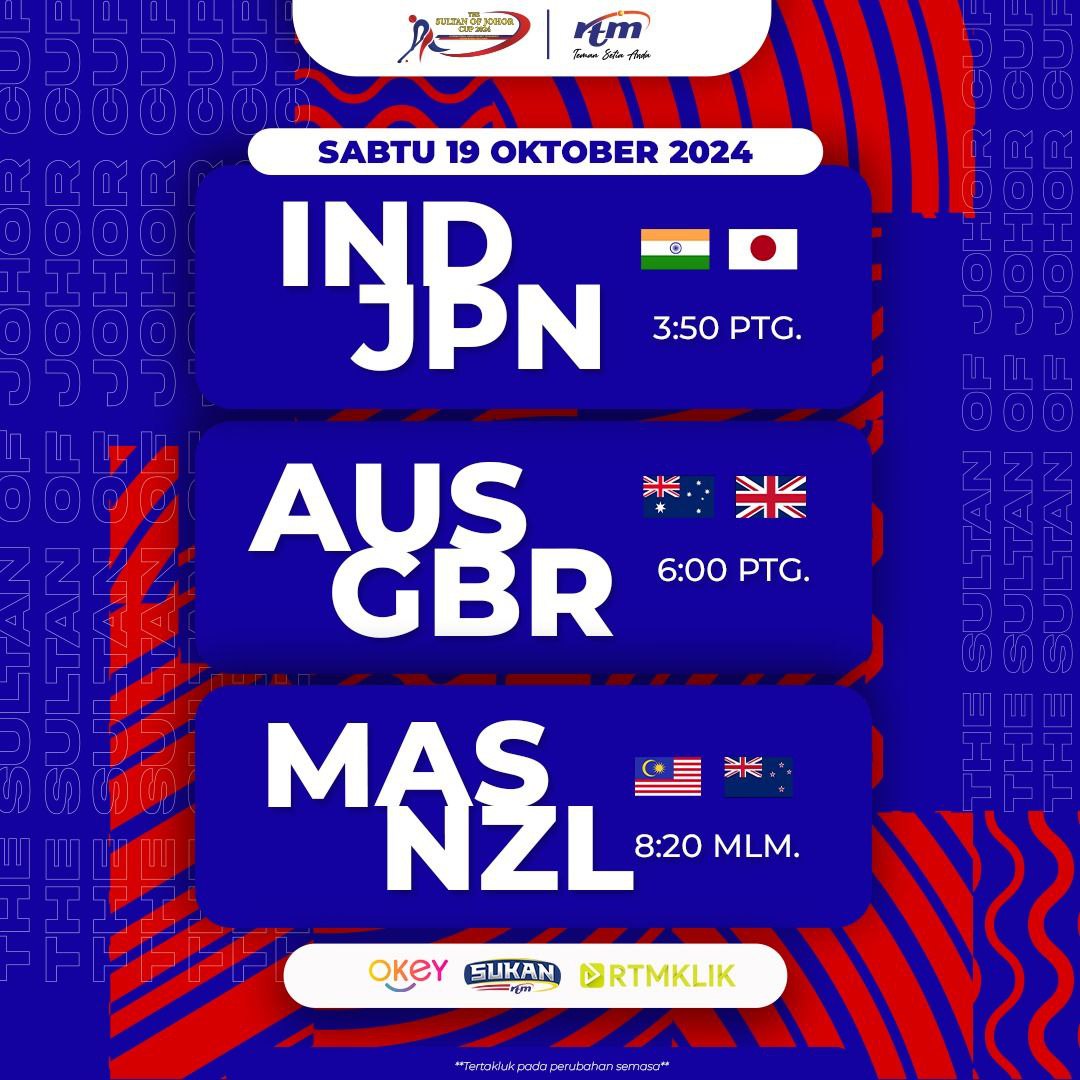 Saksikan Kejohanan Hoki Piala Sultan Johor 2024 bermula hari ini...Anda boleh menyaksikan 3 perlawanan di TV Okey dan Sukan RTM serta boleh disaksikan melalui penstriman rtmklik.rtm.gov.my dan juga boleh ditonton melalui live Facebook Sukan TV RTM.
#sojc2024
#saluransukanrtm