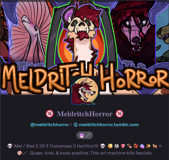 MeldritchHorror's tweet photo. [poses in tired]
have not one, but two sites I am more active on/trying to be more active on ✨
just a heads up, my blu🟦🦋 page is explicit and I just... don't feel like making a separate purely "clean"/sfw one. 
My tumblr is sfw tho, since it has to be  ¯\_(ツ)_/¯ https://t.co/nJMWTKWzk0