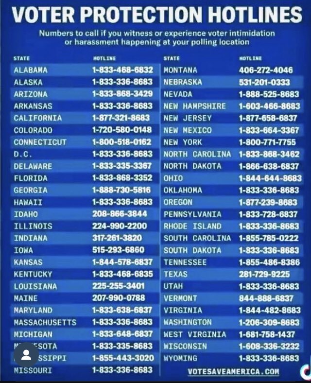 lem0nb0mbs's tweet photo. Please: share, print & post, just get this to as many voters as you can: Voter protection hotlines for each state.
#election #vote #voting #voterinterference #electioneering #pollwatchers #ElectionInterference #hotline #voterprotection #November5
@votesaveamerica https://t.co/46Clq9FR47
