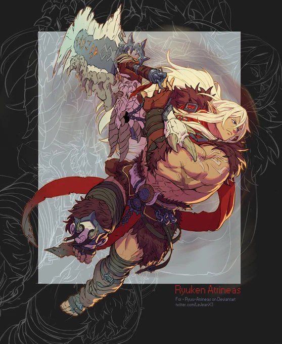Commission for @DriftingEmbers 

"Ryo, known as the Crimson Hunter, takes to battle with his monster bone greatsword! Superbly strong in body and wild reflexes, this barbarian elf is ready to handle the giant monsters that threaten the realm!" 