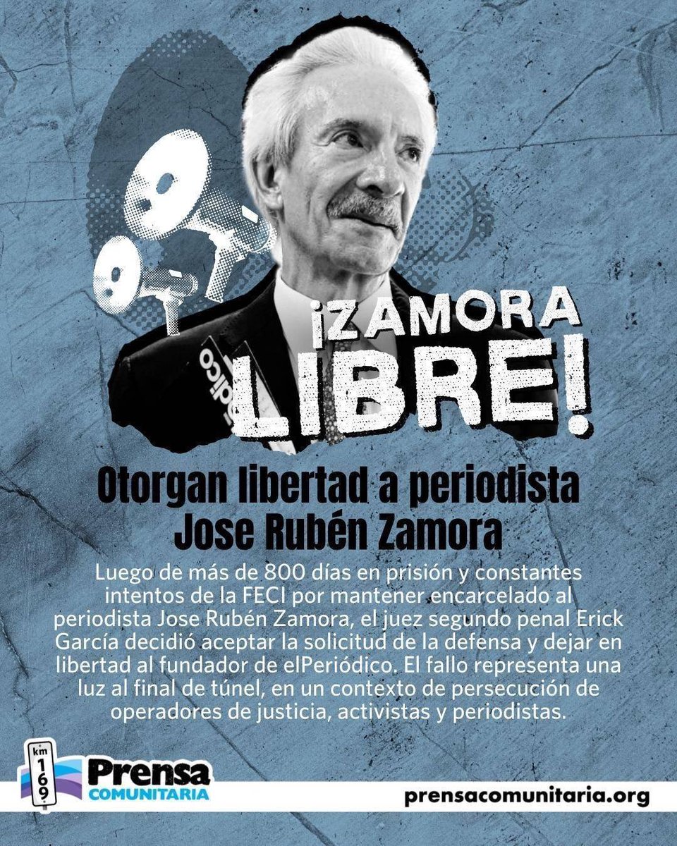 #ZamoraLibre 👏🏼 El periodista Jose Rubén Zamora recupera su libertad

Tras más de 800 días en prisión preventiva, juez otorga medida sustitutiva al fundador del desaparecido diario elPeriódico.