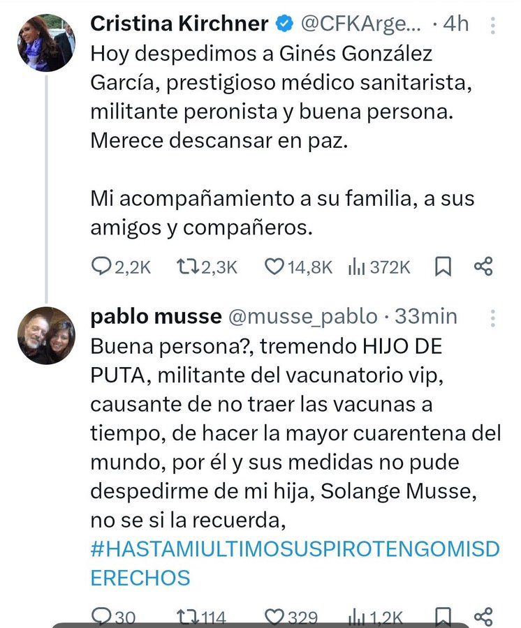 El papá de Solange Musse, la chica que debió morir sola sin su familia por culpa de que Gines instauró la peor cuarentena del mundo y se robó las vacunas para sus amigos, le recordó su historia a Cristina Kirchner.
