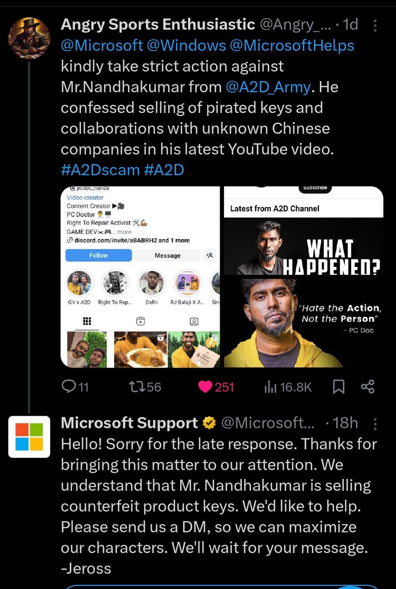 ImBatman369's tweet image. Do you still believe that @MicrosoftHelps @Microsoft take stringent action against YouTuber @A2D_Army for selling counterfeit keys exposed by @the_jasonsamuel If that happens,it could serve as a strong example in the future and help reduce the sale of counterfeit keys #A2DNandha