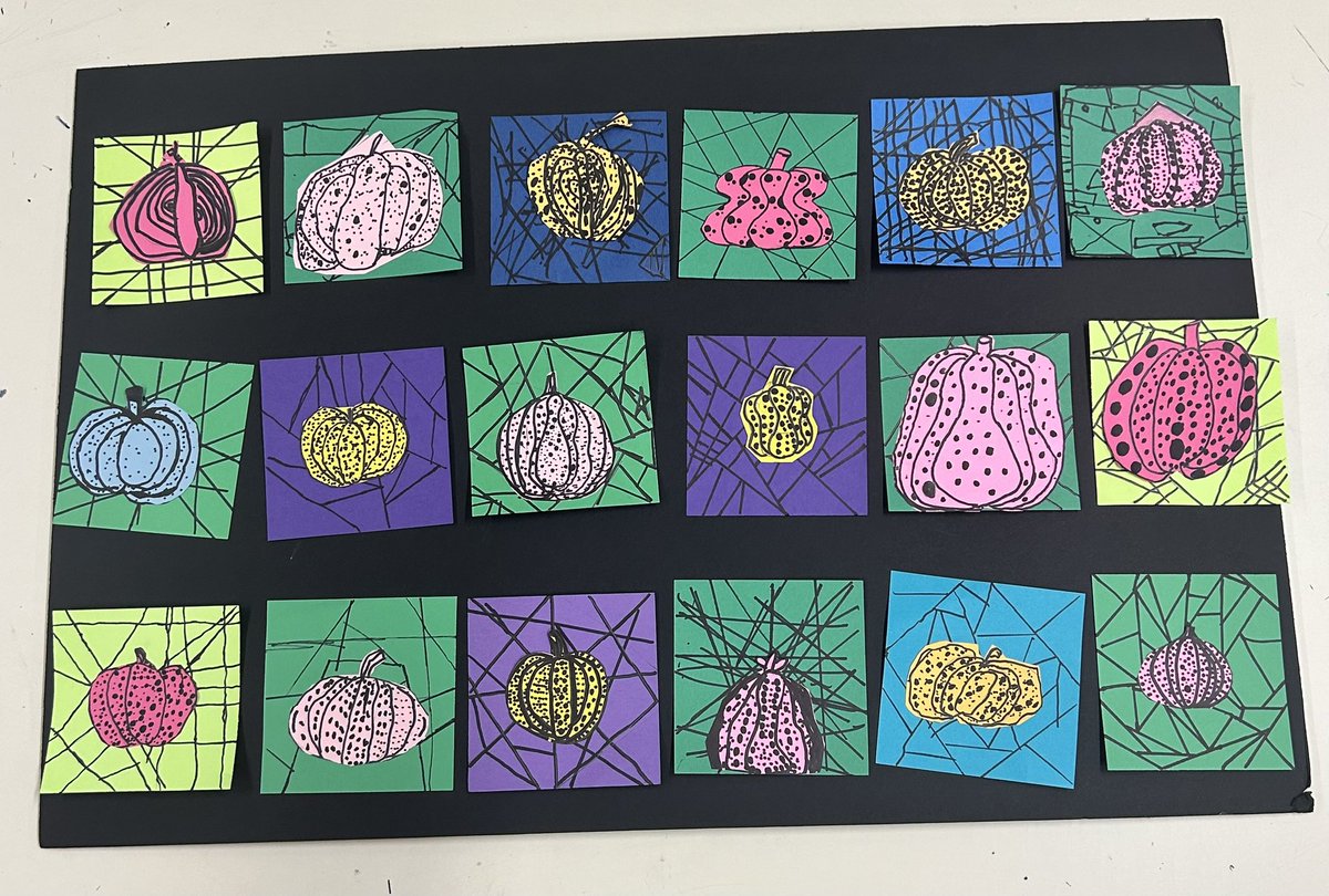 Polka Dot Pumpkins inspired by Yayoi Kusama, Ss learned about organic shapes, created backgrounds on complementary colors using intersecting lines to create geometric shapes-we looked at Warhol’s pop art to create our final collaborative piece #artsintegration <a href="/SchuemannTCS/">Derek Schuemann</a>