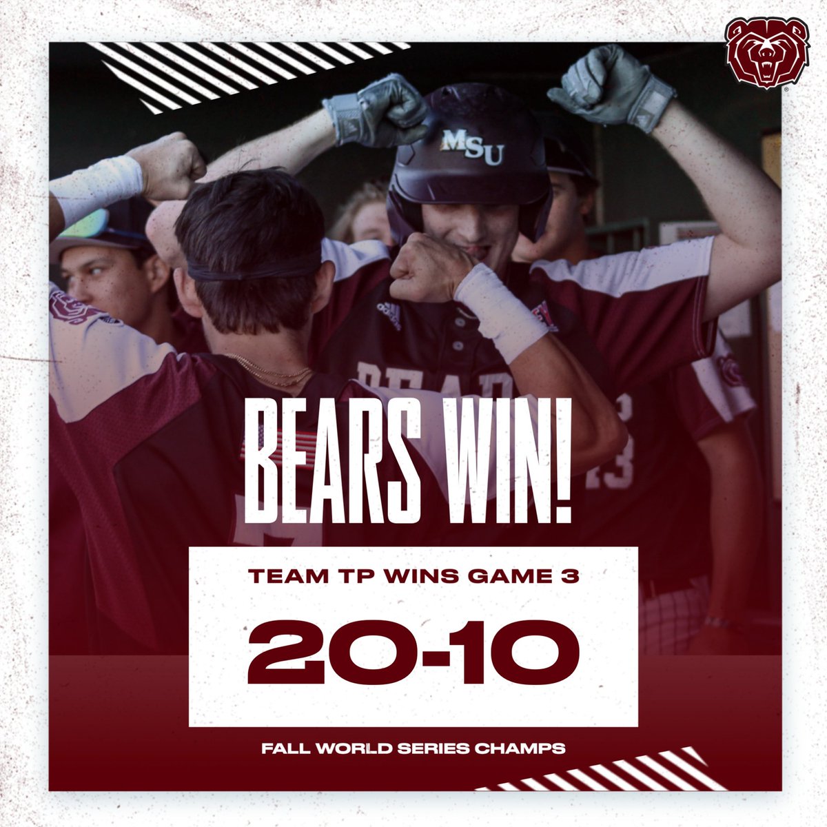 Missouri State Baseball (@mostatebsb) on Twitter photo Team TP takes Game 3 and wins the Fall World Series π
FWS MVP (position player) <a href="/DylRobertson13/">Dylan Robertson</a>
FWS MVP (pitcher) <a href="/charlton_tyler/">Tyler Charlton</a>
Max Knight | 1-2 , HR, 2 BB, 1 IP, 0 R, 2 K
Zack Stewart | 2-4, 2B, HR, 1 BB, 5 RBI
Logan Dunn | 3-4, 1 BB, 2 RBI
Curry Sutherland | 1-2, HR, 3 Team TP takes Game 3 and wins the Fall World Series π
FWS MVP (position player) <a href="/DylRobertson13/">Dylan Robertson</a>
FWS MVP (pitcher) <a href="/charlton_tyler/">Tyler Charlton</a>
Max Knight | 1-2 , HR, 2 BB, 1 IP, 0 R, 2 K
Zack Stewart | 2-4, 2B, HR, 1 BB, 5 RBI
Logan Dunn | 3-4, 1 BB, 2 RBI
Curry Sutherland | 1-2, HR, 3