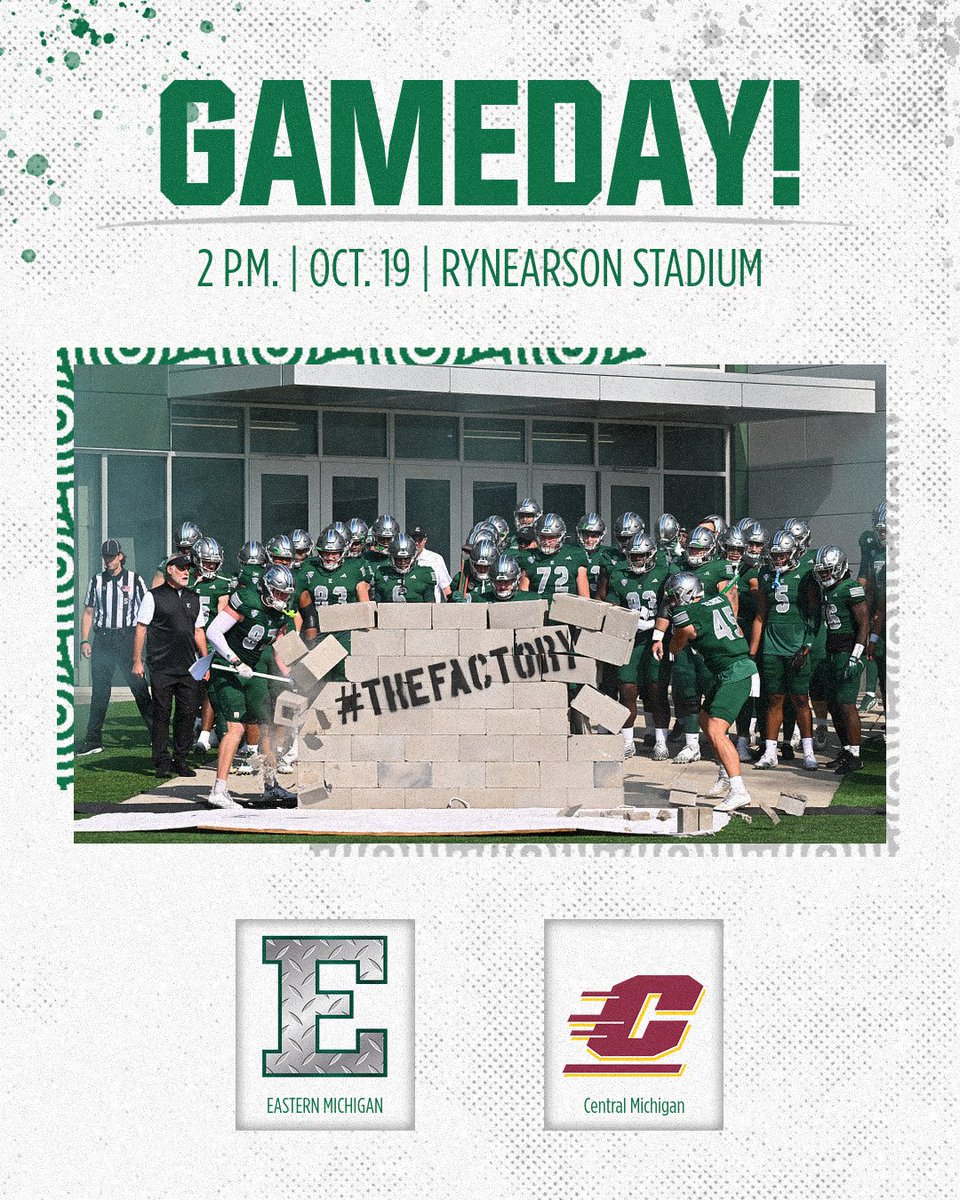 EMUFB's tweet photo. 𝗛𝗢𝗠𝗘𝗖𝗢𝗠𝗜𝗡𝗚 𝗚𝗔𝗠𝗘 𝗗𝗔𝗬!

🆚 Central Michigan
⏰ 2 p.m.
🏟️ Rynearson Stadium
🏭 #FillTheFactory 
📺 https://t.co/1QBzGxUZjG (ESPN+)
📻 https://t.co/b7sw5GhnxJ (WEMU)
📊 https://t.co/VGVubSoOsU (Stats)
🎟️ https://t.co/lzTQw4oddW
🚗 https://t.co/uZod094Zm6 (Parking Info)

#EMUEagles ⛓️ #ETOUGH ⛓️ #BET