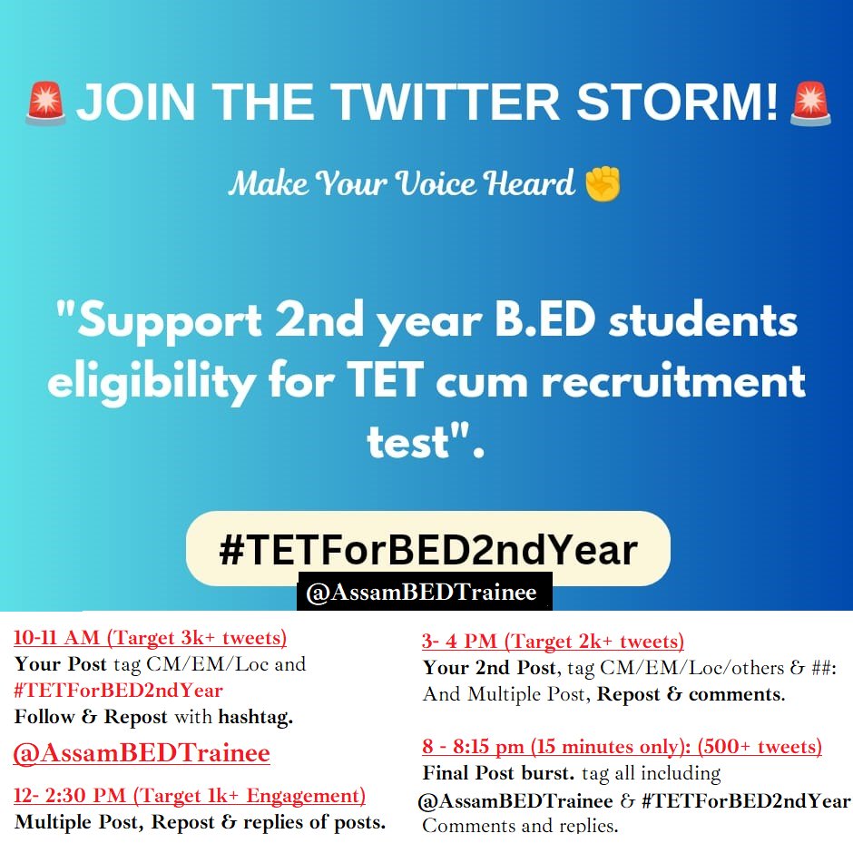 AssamBEDTrainee's tweet photo. To: Esteemed Organizations, Media, Student Right Activists, Fellow Citizens
We, All Assam BEd Trainees, Request your support to make include BEd 2nd (final) year students in the TET cum Recruitment Test.
(tagging for reaching out only)
#TETForBED2ndYear #TETRecruitment at 10-11 https://t.co/HvKt85oyuB