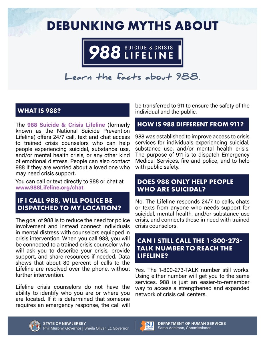 💡Don't let misinformation keep you from getting the help you need. Learn the facts about the #988 Suicide and Crisis Lifeline, and how it can help if you are experiencing a mental health or substance use crisis.
💻Visit: nj.gov/humanservices/…