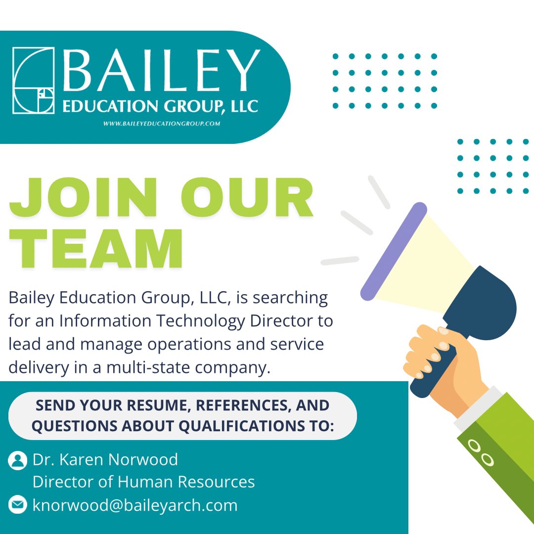 We are searching for an Information Technology Director to lead and manage operations and service delivery in a multi-state company. For job qualifications, please reach out to our Director of Human Resources, Dr. Karen Norwood, at knorwood@baileyarch.com. 💙💚🤍