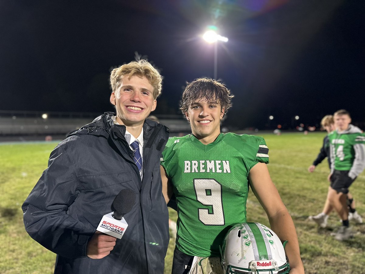 Our Reliance Player of the Game—who else Tyrus Graverson.

The Bremen senior had more than 100 yards receiving, 2 TDs, a field goal and an interception.

Was key in Bremen’s 24-10 win over Tippy Valley.

WATCH A REPLAY HERE: ihsaatv.org/sportsmichiana…