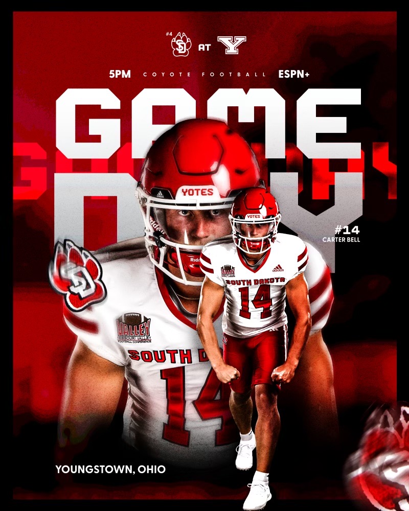 𝐆𝐀𝐌𝐄 𝐃𝐀𝐘!

🆚: at Youngstown State
📍: Youngstown, Ohio
ℹ️: yote.us/3BMdtaf
📊: yote.us/FBStats
📻: yote.us/4exCPH6
(KVHT 106.3 FM)
🖥️: ESPN+ / Midco Sports Two

#GoYotes x #WeAreSouthDakota