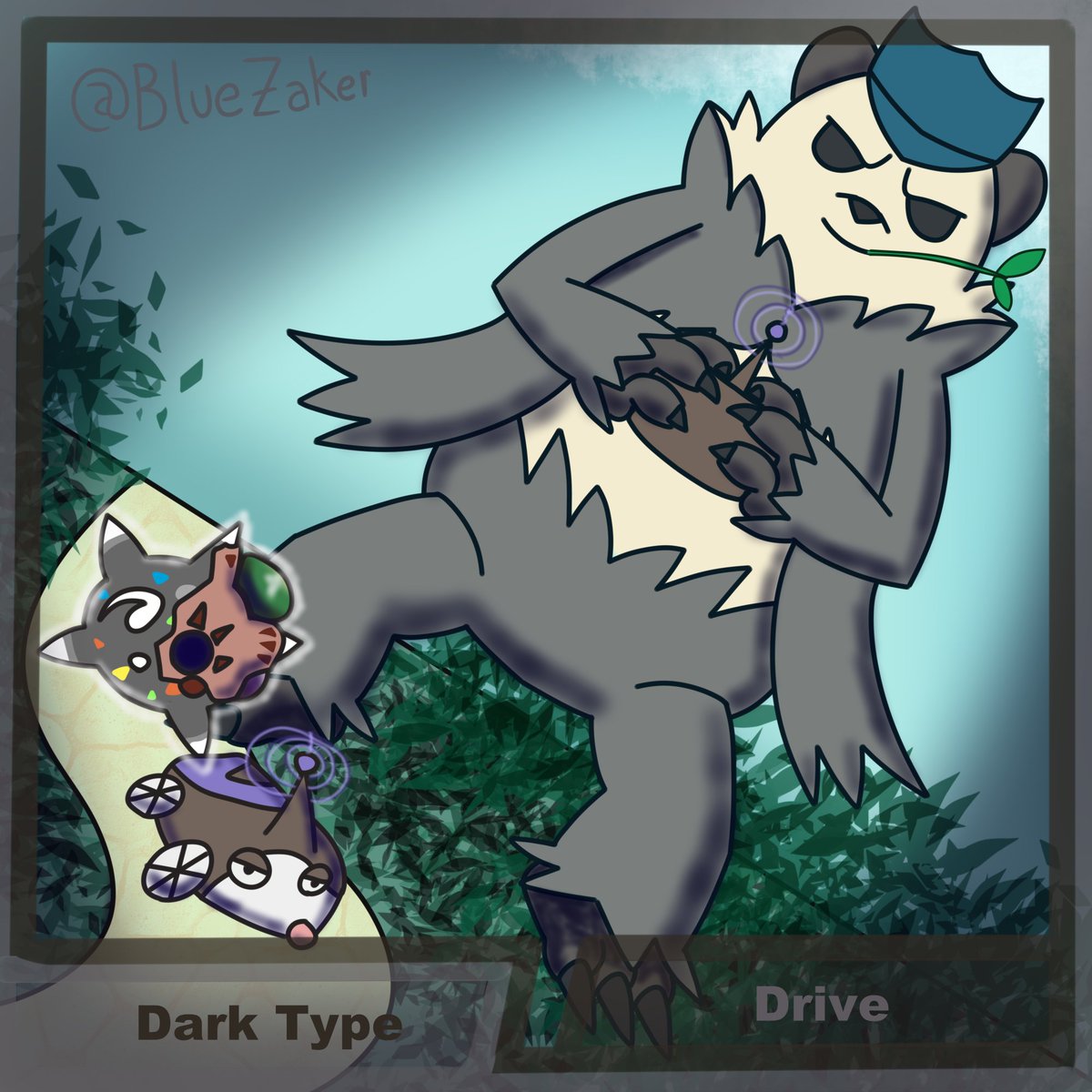 BlueZaker's tweet image. Day 18 Dark Type Pokemon &amp;amp; Drive, another big boy playing with Minior #pangoro #inktober2024