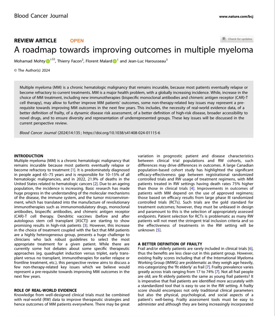 Mohamad Mohty (@mohty_ebmt) on Twitter photo Published in <a href="/BloodCancerJnl/">Blood Cancer Journal</a>
“Some non-therapy-related key issues may represent a pre-requisite towards improving MM outcomes in the next few years.”
nature.com/articles/s4140…
<a href="/TheIACH/">IACH</a> <a href="/COMyCongress/">COMy</a> <a href="/MyelomaEurope/">Myeloma Patients Europe</a> <a href="/IMFmyeloma/">International Myeloma Foundation</a> <a href="/MM_Hub/">Multiple Myeloma Hub</a> <a href="/MyelomaTeacher/">@MyelomaTeacher - Cindy Chmielewski</a> <a href="/VincentRK/">Vincent Rajkumar</a> <a href="/NorthTxMSG/">Yelak Biru</a> Published in <a href="/BloodCancerJnl/">Blood Cancer Journal</a>
“Some non-therapy-related key issues may represent a pre-requisite towards improving MM outcomes in the next few years.”
nature.com/articles/s4140…
<a href="/TheIACH/">IACH</a> <a href="/COMyCongress/">COMy</a> <a href="/MyelomaEurope/">Myeloma Patients Europe</a> <a href="/IMFmyeloma/">International Myeloma Foundation</a> <a href="/MM_Hub/">Multiple Myeloma Hub</a> <a href="/MyelomaTeacher/">@MyelomaTeacher - Cindy Chmielewski</a> <a href="/VincentRK/">Vincent Rajkumar</a> <a href="/NorthTxMSG/">Yelak Biru</a>