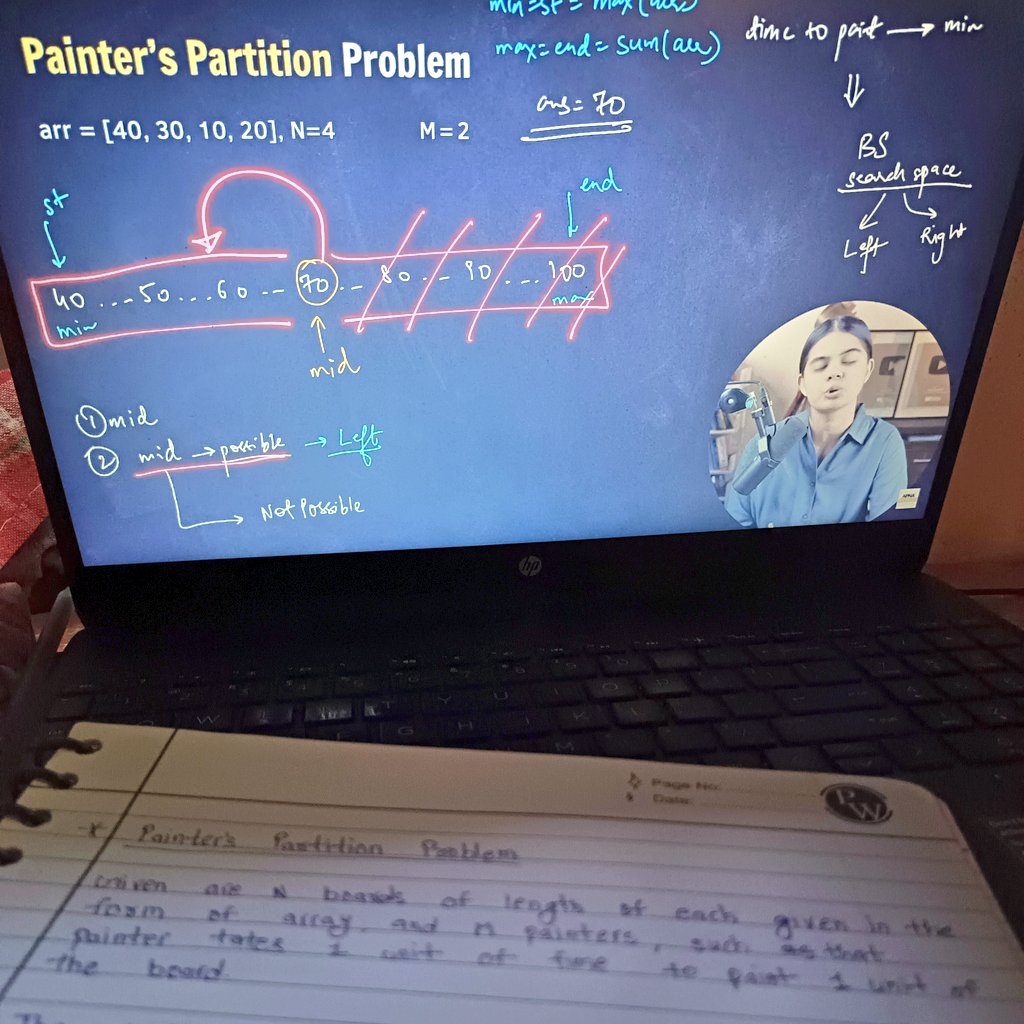 dev_nitishkumar's tweet image. 🎯 Day 22: Painter's Partition Problem
Today, I solved the Painter's Partition Problem with Binary Search!
Thanks to @ShradhaKhapra_ Didi for guiding me through the process! 🙌
#Day22 #DSA #BinarySearch #ApnaCollege #CodingJourney #ProblemSolving