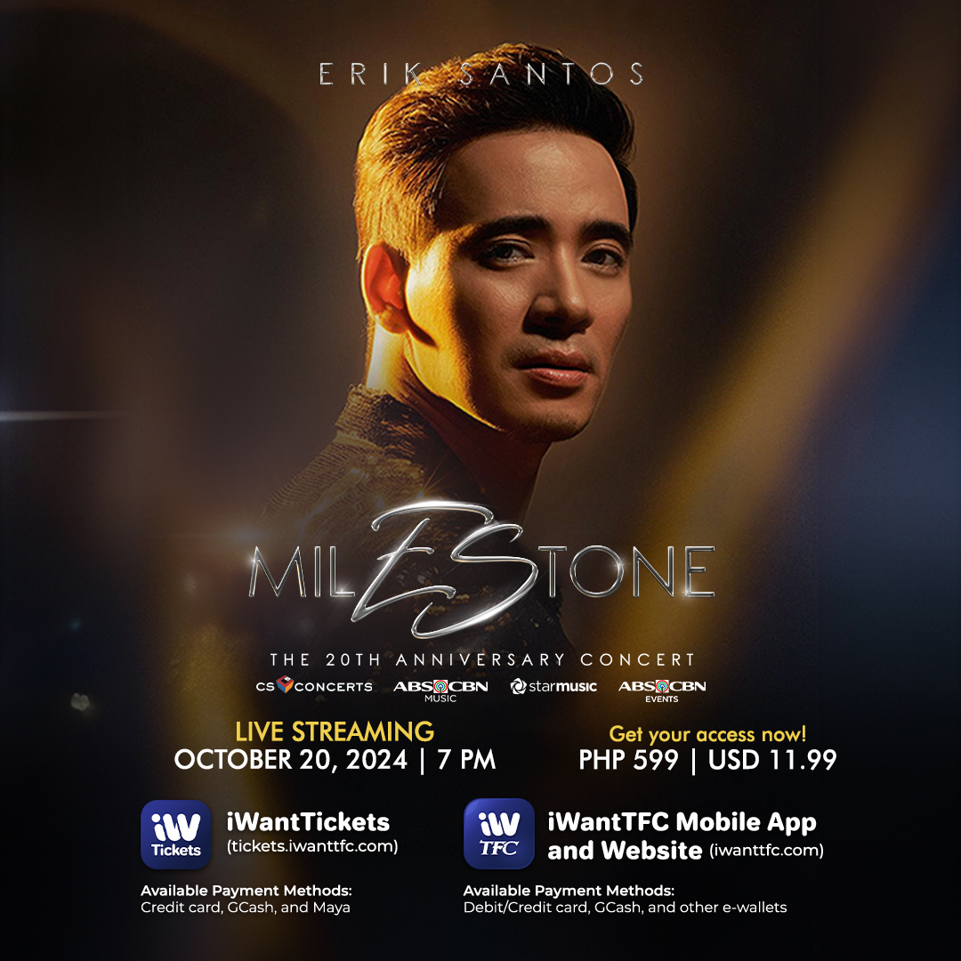 KapamilyaTFC's tweet photo. Enjoy a front-row viewing experience of Pop Ballad Royalty Erik Santos' 20th Anniversary Concert, MilEStone! 🎤✨

Get your access now! Streaming this OCTOBER 20!
iWantTFC 👉 https://t.co/lPNnnjcUQ1
iWantTickets 👉 https://t.co/VBZShHA3RR https://t.co/KDZqAMaFEV