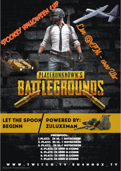 Heute ist es soweit!!!

Spookey Halloween Cup
made by: Zuluxmann

SpiceyDeath ist auch dabei.
Vertreten durch
<a href="/SH4NN0XTwitch/">SH4NN0X</a> - SD
@Panthor - SD

Ab 19:00 Uhr Live auf Twitch unter:
twitch.tv/sh4nn0x_tv

Seit dabei.
