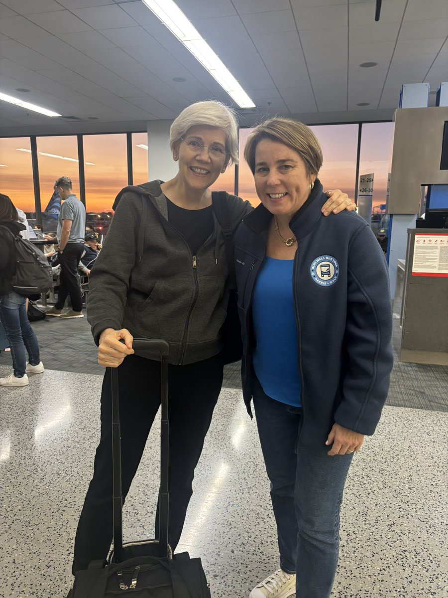 Massachusetts Dems playing tag - <a href="/ewarren/">Elizabeth Warren</a> on her way to campaign for <a href="/KamalaHarris/">Kamala Harris</a> in Michigan bumped into <a href="/maura_healey/">Maura Healey</a> headed home from her own trip for the VP.  It's time to GOTV for Team Harris-Walz!