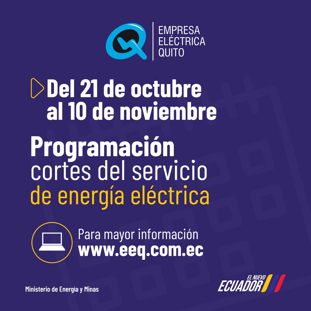 ElectricaQuito's tweet photo. #EEQInforma | Compartimos el cronograma de cortes del servicio eléctrico, con los horarios y sectores, previstos del 21 de octubre al 10 de noviembre de 2024. 

Revise la programación en el siguiente link:

🔗 https://t.co/9oWo90SWWJ https://t.co/Z7PwMGyXk5