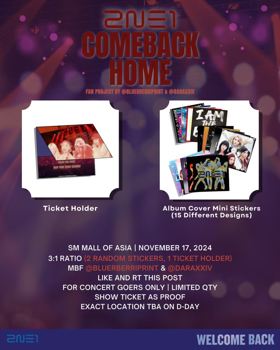 ۞2NE1 Comeback Home Fan Project۞
⋆𐙚₊˚⊹♡by bluerberriprint &amp; <a href="/daraxxiv/">p̶e̶a̶c̶e̶p̶l̶u̶s̶o̶n̶e̶ | saw gdragon 🌼</a> 

ᯓᡣ𐭩pls see the poster for the full mechanics
ᯓᡣ𐭩the supplies are very limited only
ᯓᡣ𐭩for addtl qty, donations are up
𖹭for day 2 con goers only

#2NE1_WELCOMEBACKinManila #2NE1inManila