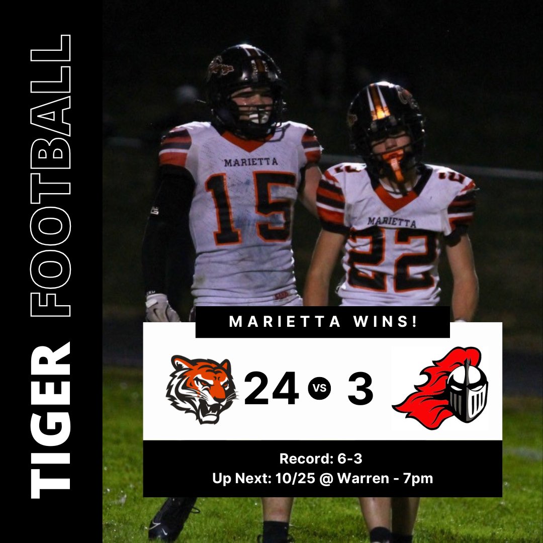 MttaFootball's tweet photo. Huge shoutout to our Marietta Tigers for their incredible victory over Point Pleasant, securing a 24-3 win and improving to 6-3 this season! This marks the best record for the Tigers in 22 years! https://t.co/31oyOvMLgu