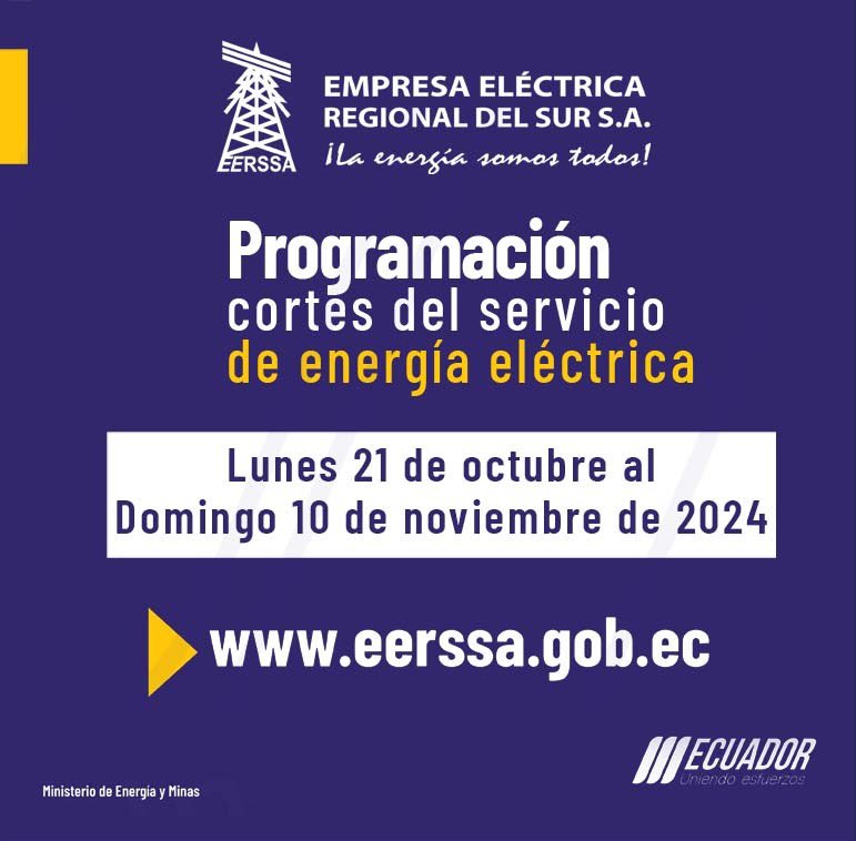 🔴Conoce los horarios de cortes del servicio de energía eléctrica desde el 21 de octubre al 10 de noviembre

▶️Cronograma por sectores👉
eerssa.gob.ec/eerssa/cortes/… 

▶️Consulta tu zona de desconexión en nuestro aplicativo👇🏽
serviciosgis.eerssa.gob.ec:8181/cortes_estiaje/