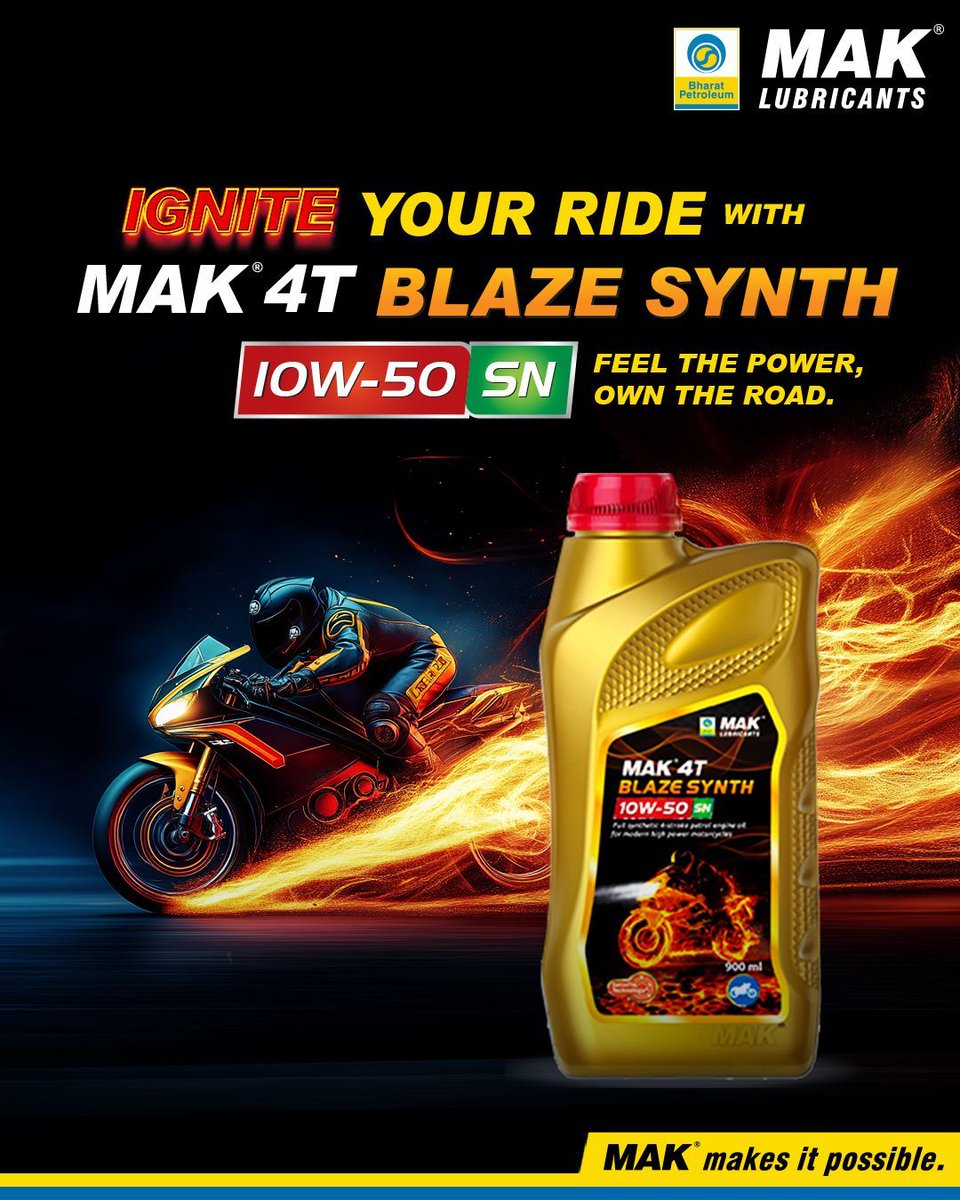 BPCLMakLubes's tweet photo. Feel the #power ignite within your engine.🔥
Unleash the full #potential of your #motorcycle with #MAKBlazeSynth.🏍️
Our advanced synthetic formula delivers #superiorperformance, protection and a smoother ride.😌
#advancedformula #engine #feelthedifference #indianbikes #bikers https://t.co/OIS2dqCFFw