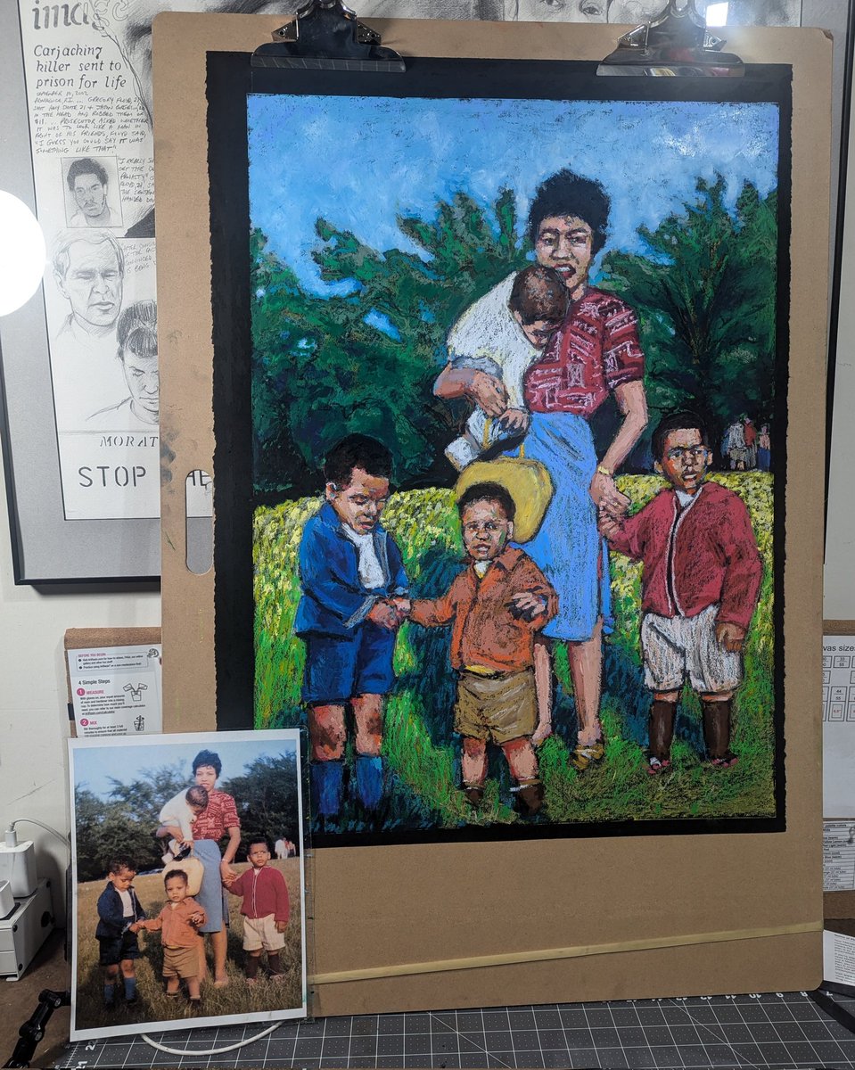 My latest artwork is called "Tired" 20x28 oil pastel. It's of my mom and her 4 boys (holding Phillip age 1, left to right: me age 4, Michael age 2, and Brian age 3). Spray varnish tomorrow. #cobbartteacherscreate