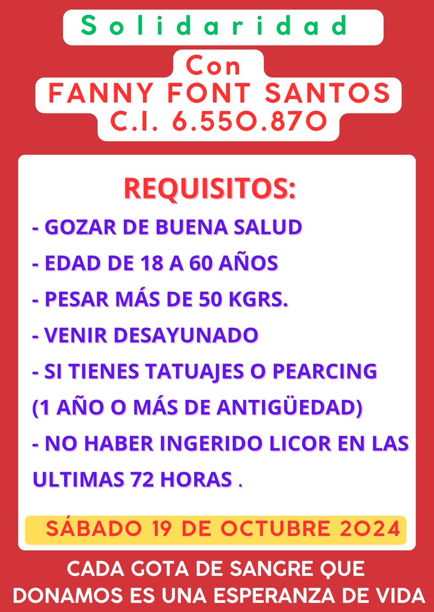 manuelita1504's tweet photo. #ServicioPúblico
#URGENTE 
#Caracas
#HospitalVargas
#BancoDeSangre
#DonantesDeSangre
#Salud #SalvarUnaVida
Solidaridad con Adulta Mayor:
Fanny Font Santos
Sábado 19/10/24
Hora: 7am
OPERATIVO 
Donantes de sangre: cualquier TIPO 
@DonanteSangreVE
@HospitalVargasC 
#DonantesDeSangre https://t.co/G35KZ4RtZo