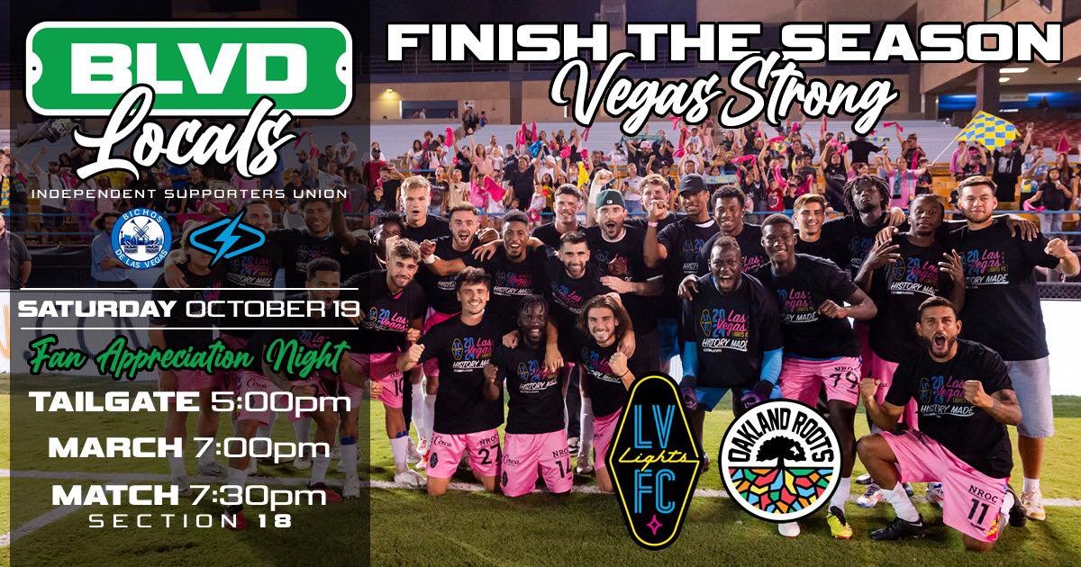 Tailgate starts at 5, and the march in begins around 7! 🥁⚽

Win on Saturday and we claim Cashman/Las Vegas hosting rights for the first playoff game! 

If you need tickets, let us know!

#LetsGoLights #LasVegas #SupportLocalSoccer