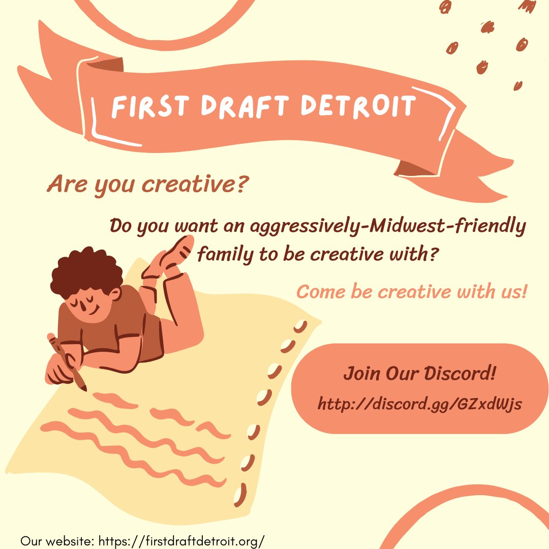 firstdraftdet's tweet image. Did you know we have a Discord server? There's almost always someone on to chat about writing, arts and crafts, games, cooking, and life no matter what time of day or night you're awake. 

Join us!