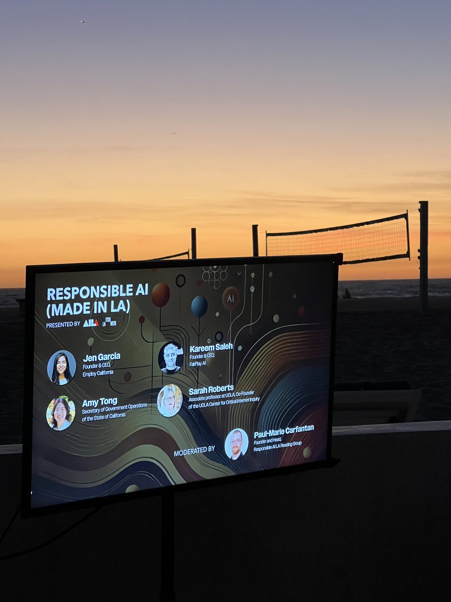 Techweek_'s tweet photo. Amidst a stunning backdrop, an impactful evening of dialogue unfolded around Responsible AI, featuring insights from leaders in government, industry, and academia. 🌍 Panelists stressed the importance of collaboration across sectors to guide the future of AI ethics. #LATechWeek @AILA_Community