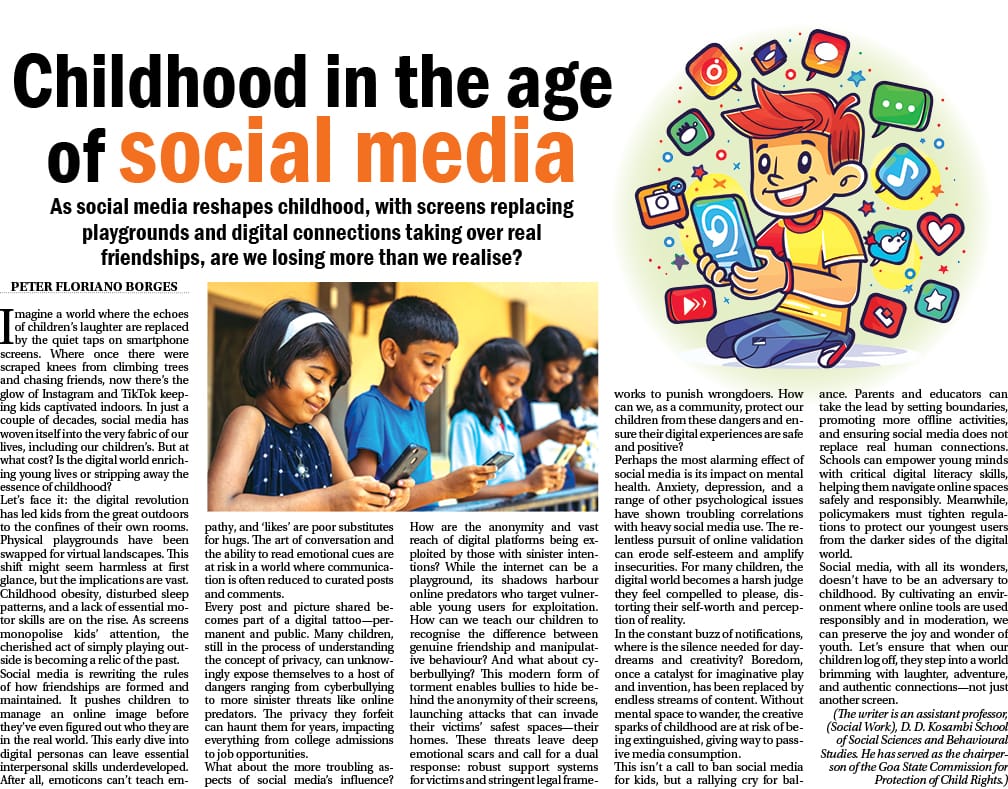 Is social media helping or harming our children? 🤔 In a powerful Navhind Times article, Peter Floriano Borges, President of @HumanTouch_Goa, explores how social media is shaping childhood in today's world. Read the full article here [Link] 📖 #ChildProtection #DigitalWellbeing